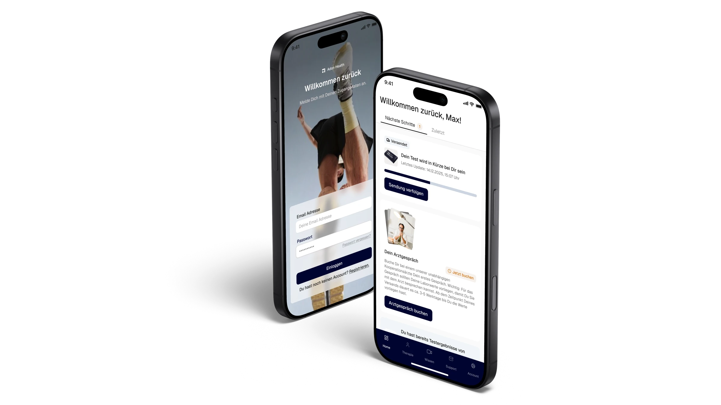 Two angled phones showing the Adon Health sign-in screen and patient dashboard
