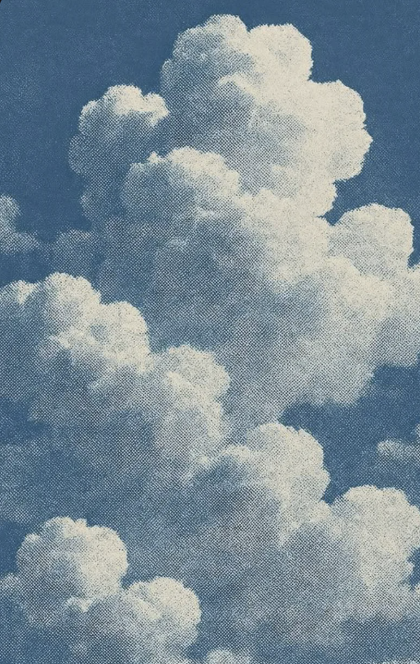 Blue halftone photograph of towering clouds