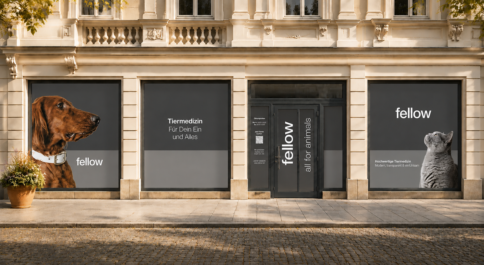 A fellow veterinary practice facade with dog and cat window graphics