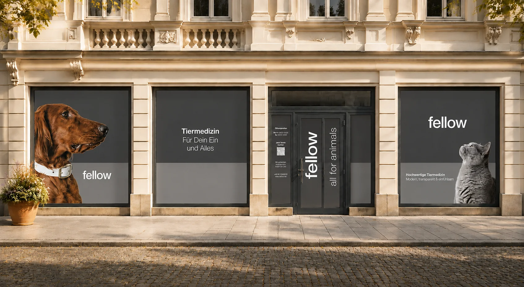 A fellow veterinary practice facade with dog and cat window graphics
