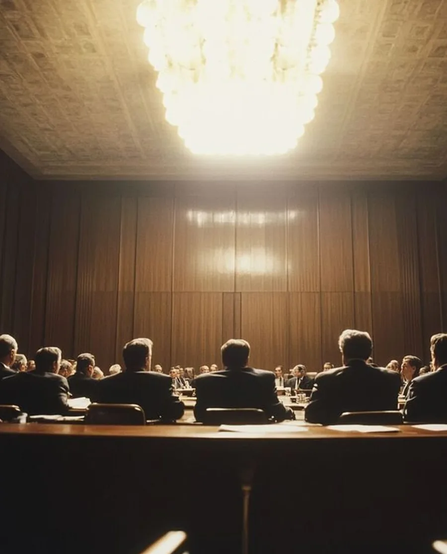 A committee seated at a long table under a chandelier