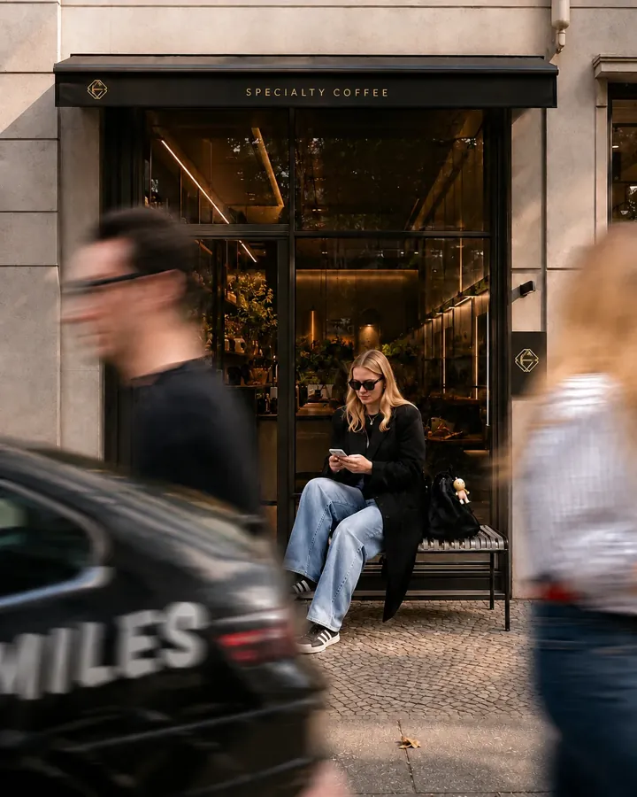Auf der Bank vor einem Café, das Handy in der Hand, der Verkehr zieht vorbei