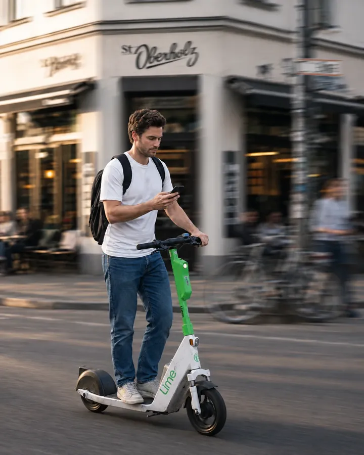 Auf einem Lime-Scooter durch die Stadt, das Handy in der Hand