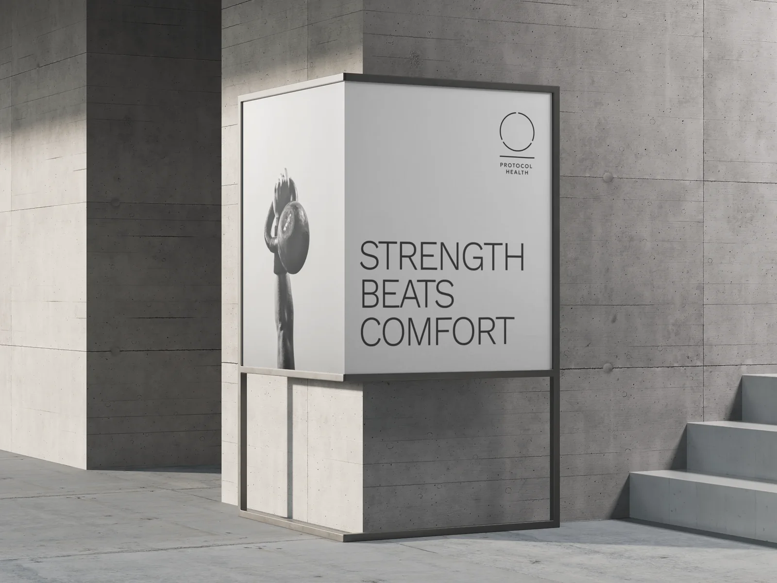 A corner billboard: Strength beats comfort