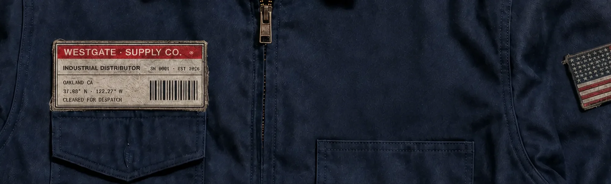 Navy work jacket with a woven Westgate Supply Co. label and an American flag patch