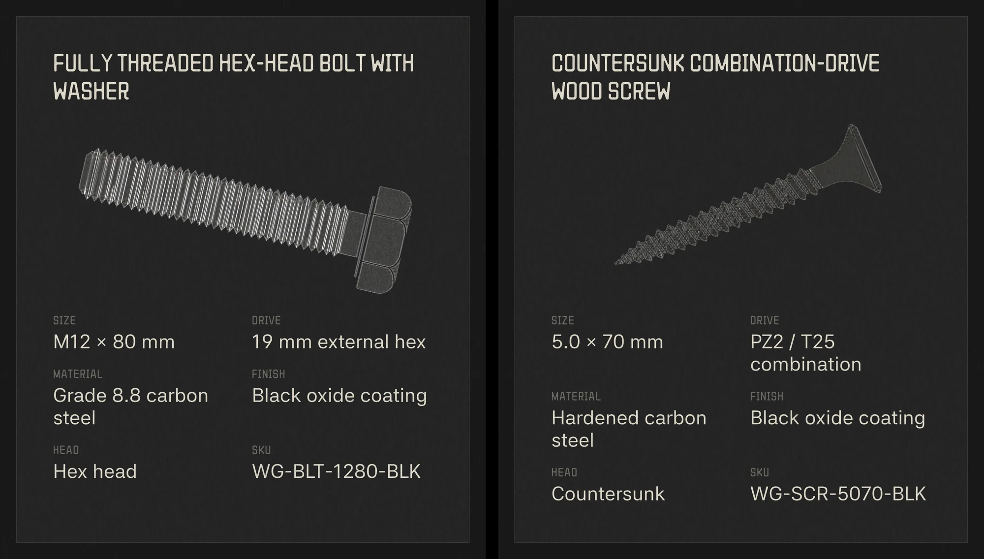 Two dark spec sheets: a hex-head bolt and a wood screw, each with size, material, finish and SKU