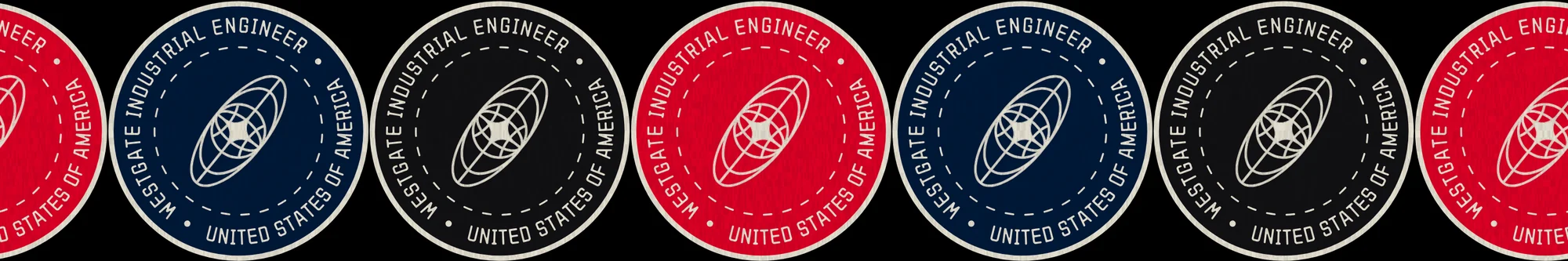 A run of round Westgate seals in red, navy, black and off-white