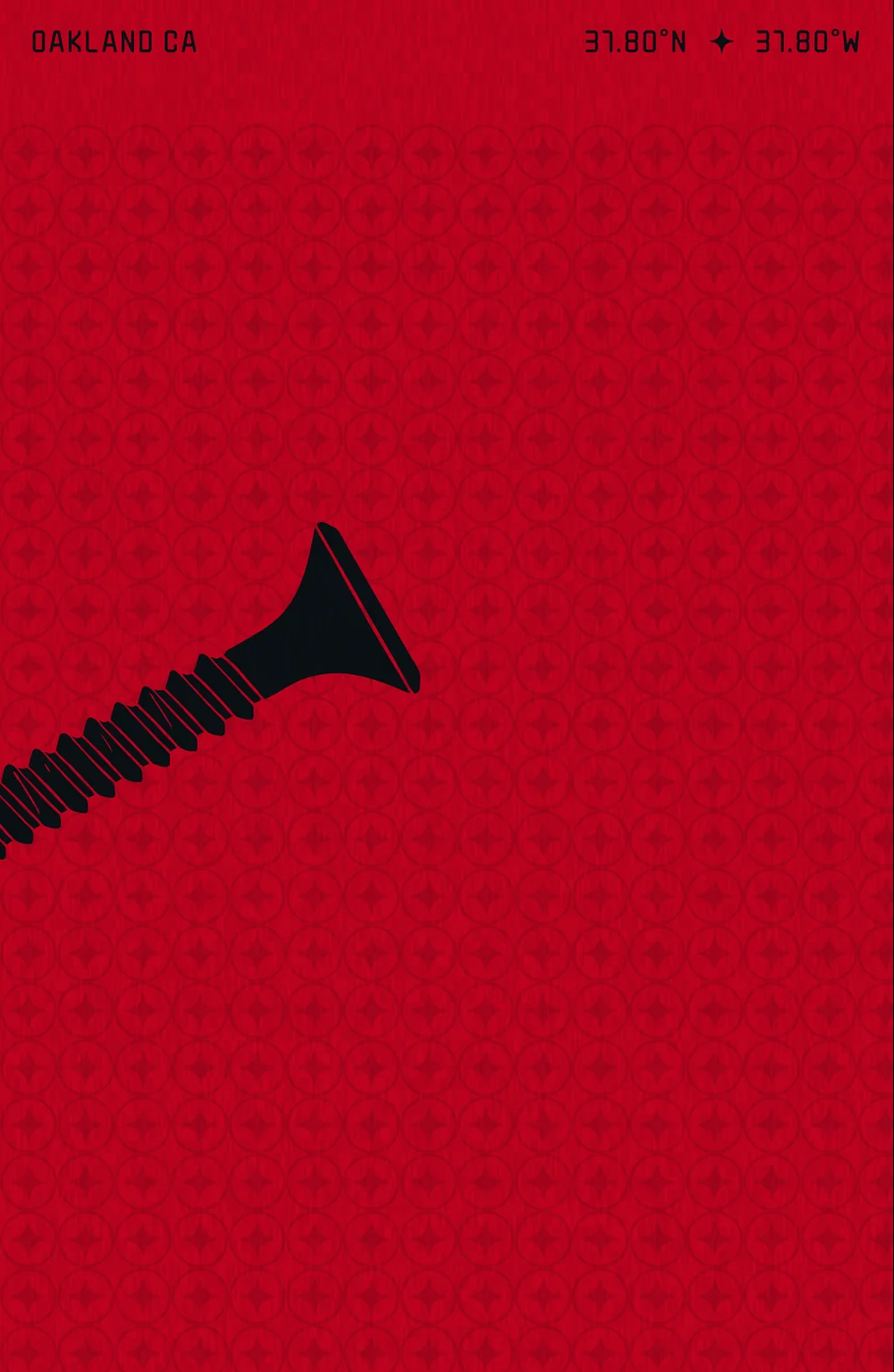 Poster panel with a dark screw over the repeated seal pattern on red