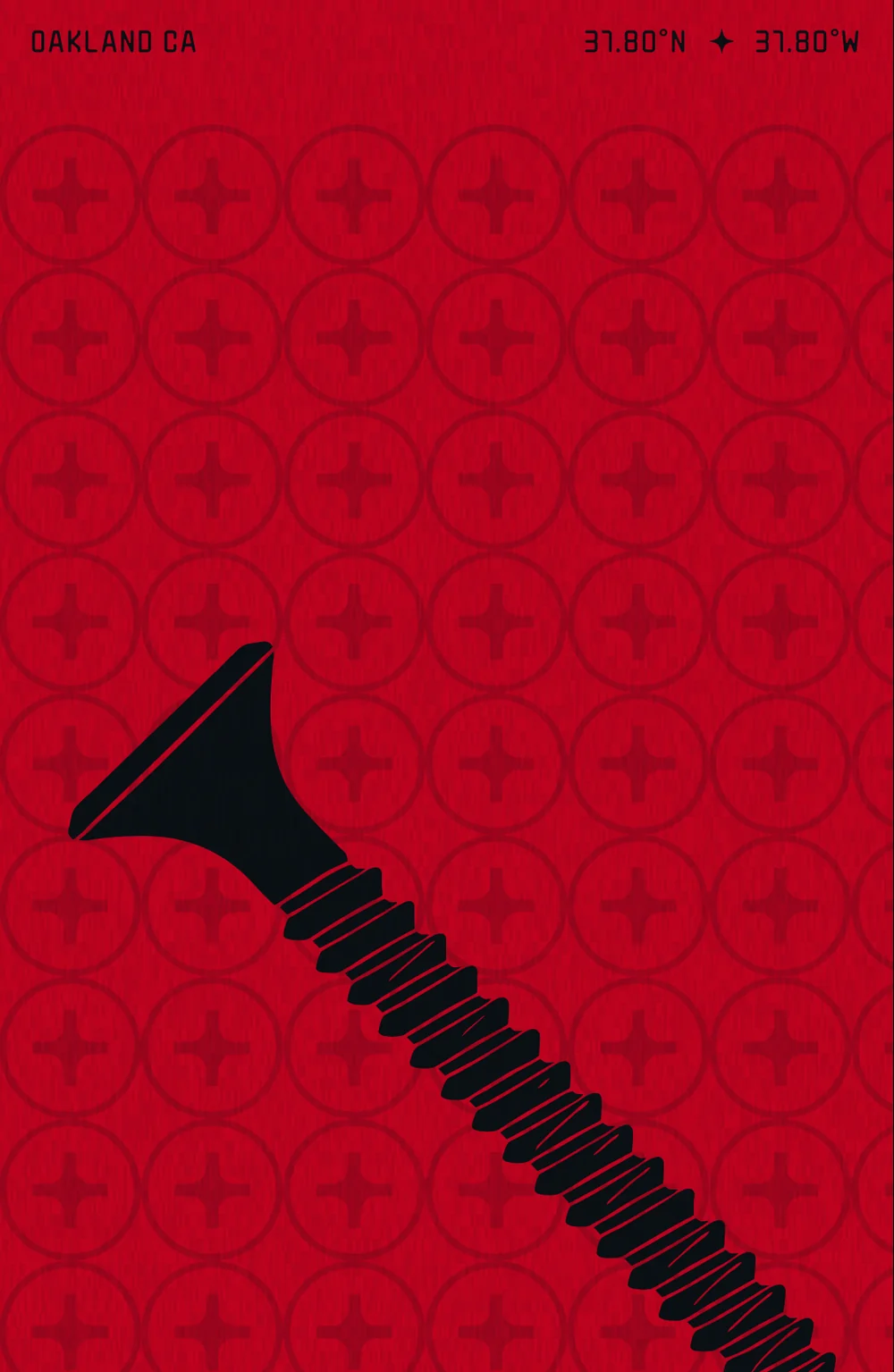 Poster panel with the Oakland coordinates over the repeated seal pattern