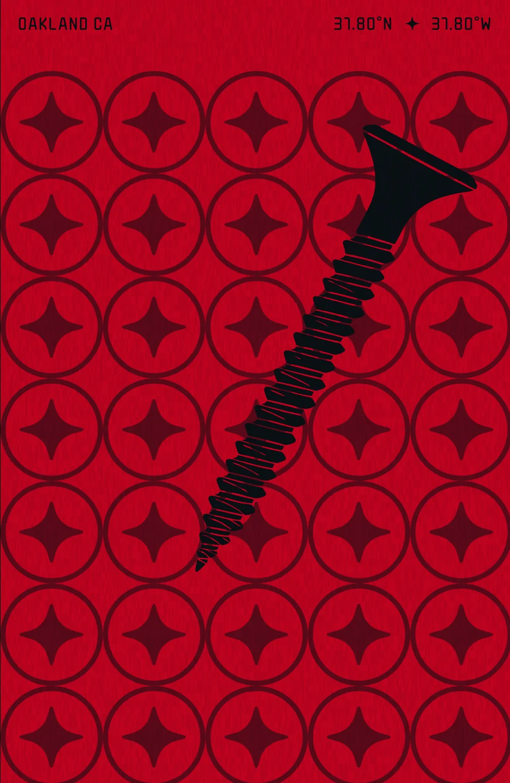 Poster panel with a screw photograph over the repeated seal pattern