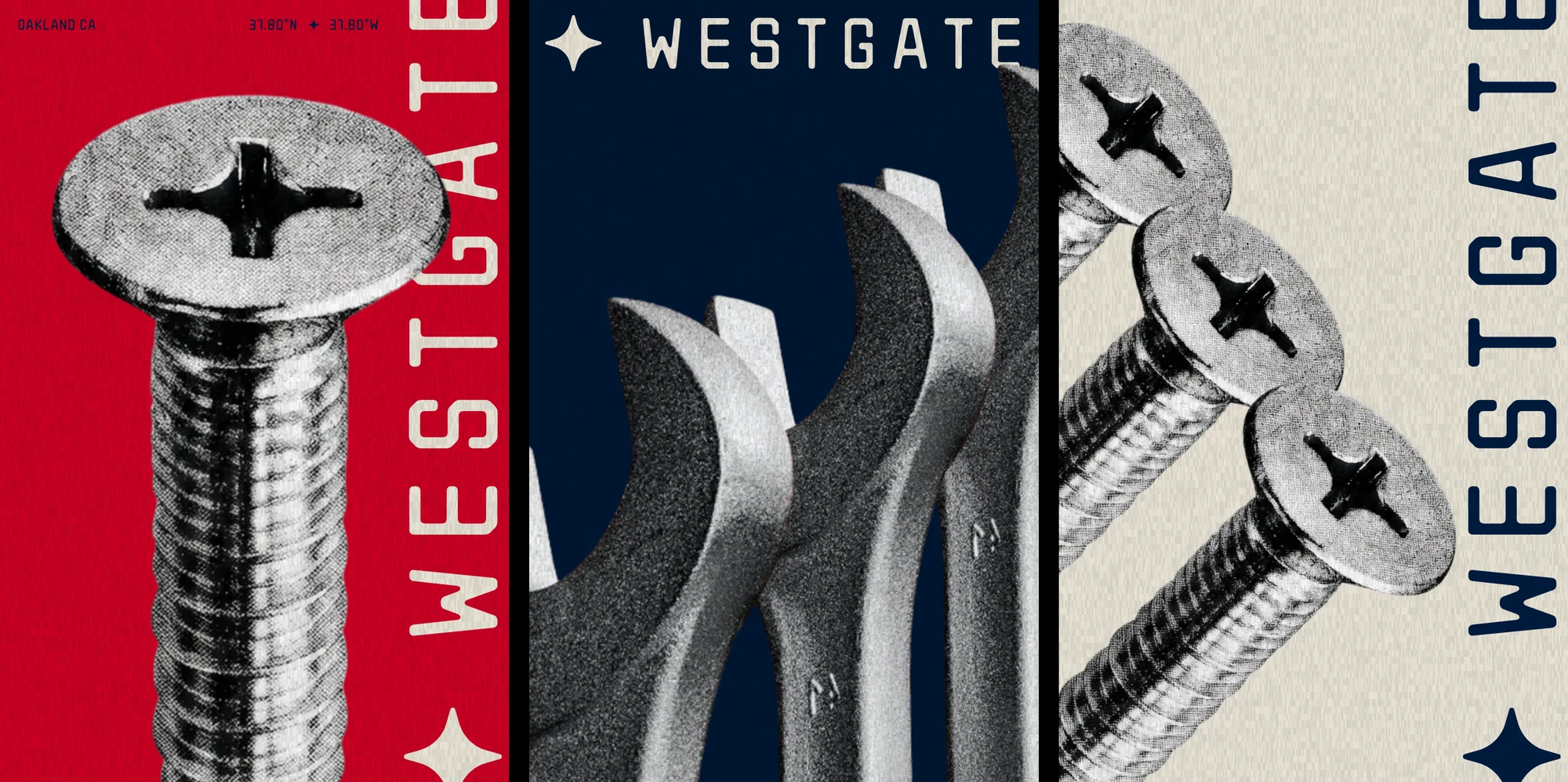 Three Westgate brand posters: a countersunk screw on red, pliers on navy, threaded bolts on off-white